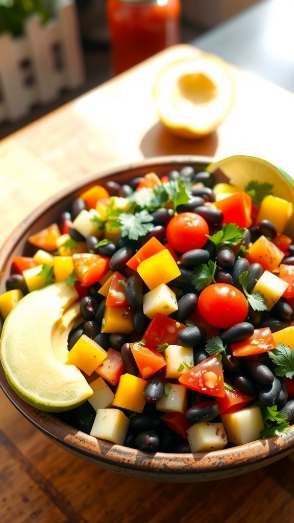 Zesty Black Bean Salad with Fresh Vegetables A colorful black bean salad with tomatoes, bell peppers, avocado, and cilantro in a rustic bowl with lime wedges.